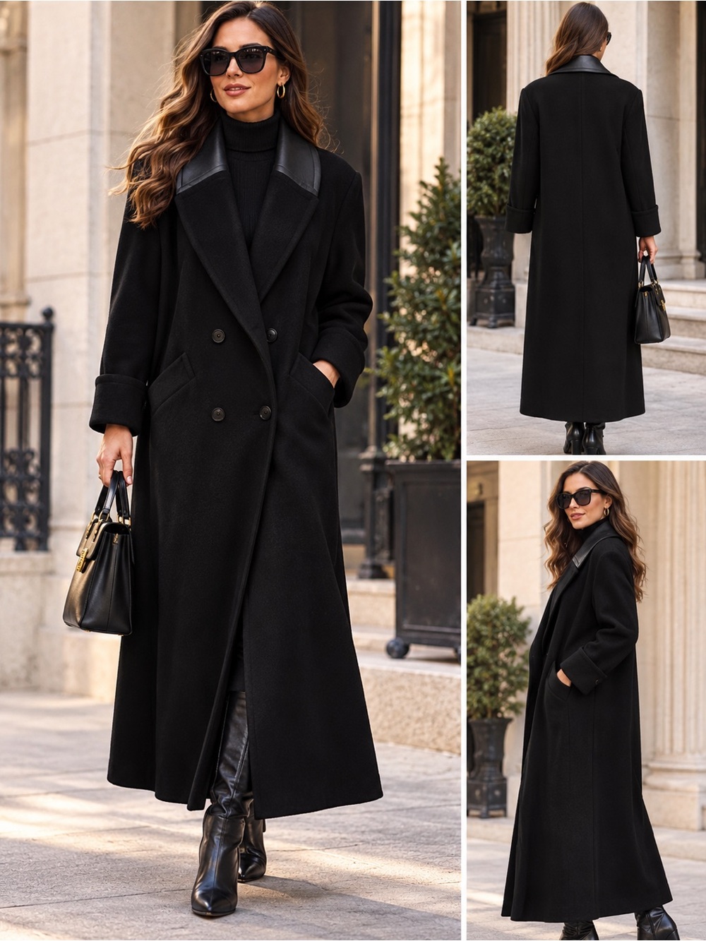 Vintage Jofeld Women’s XL Black Wool Leather Collar Long Double Breasted Coat